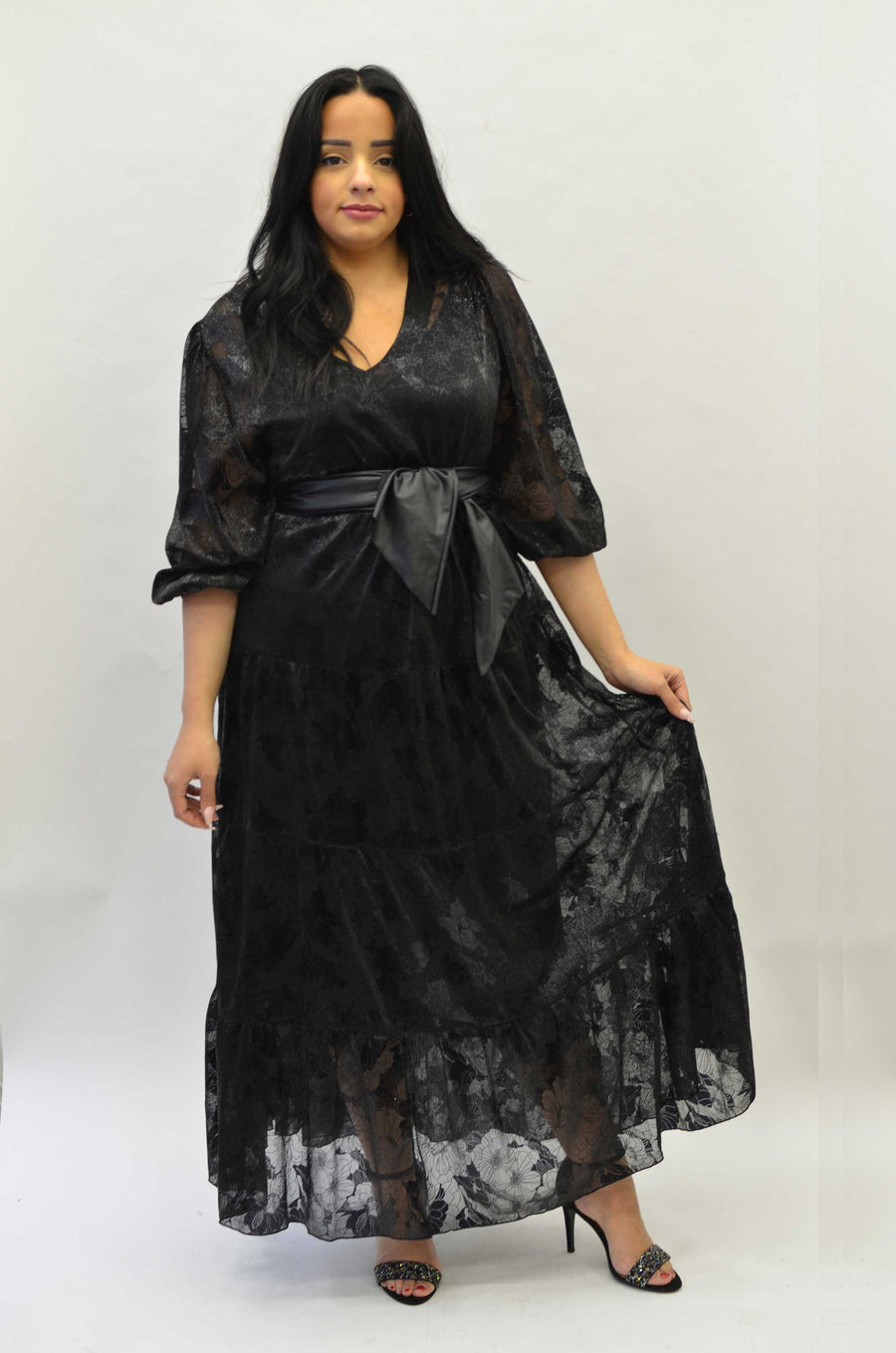 Robe longue grande taille en dentelle imprimée Noir AIM06