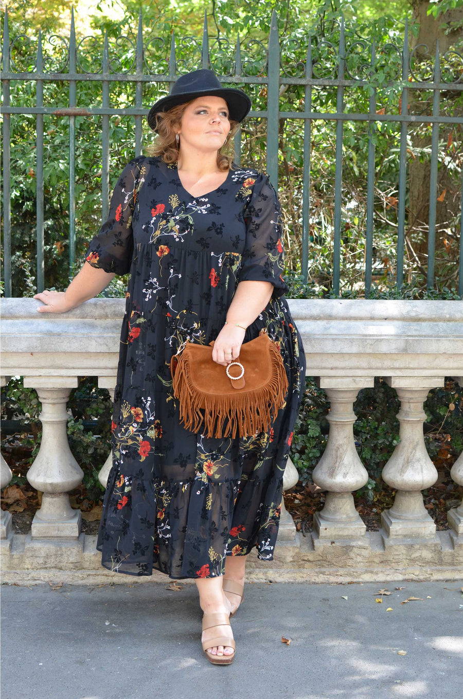 Robe longue grande taille en voile velours imprimé BRIQUE AIM03