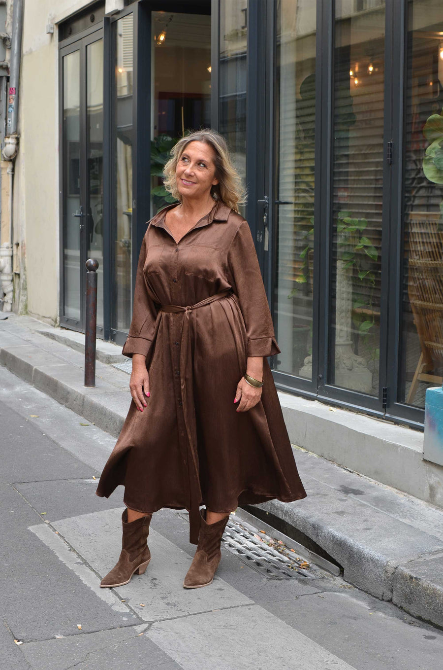 Robe chemise grande taille satin twill uni Choco MEG10