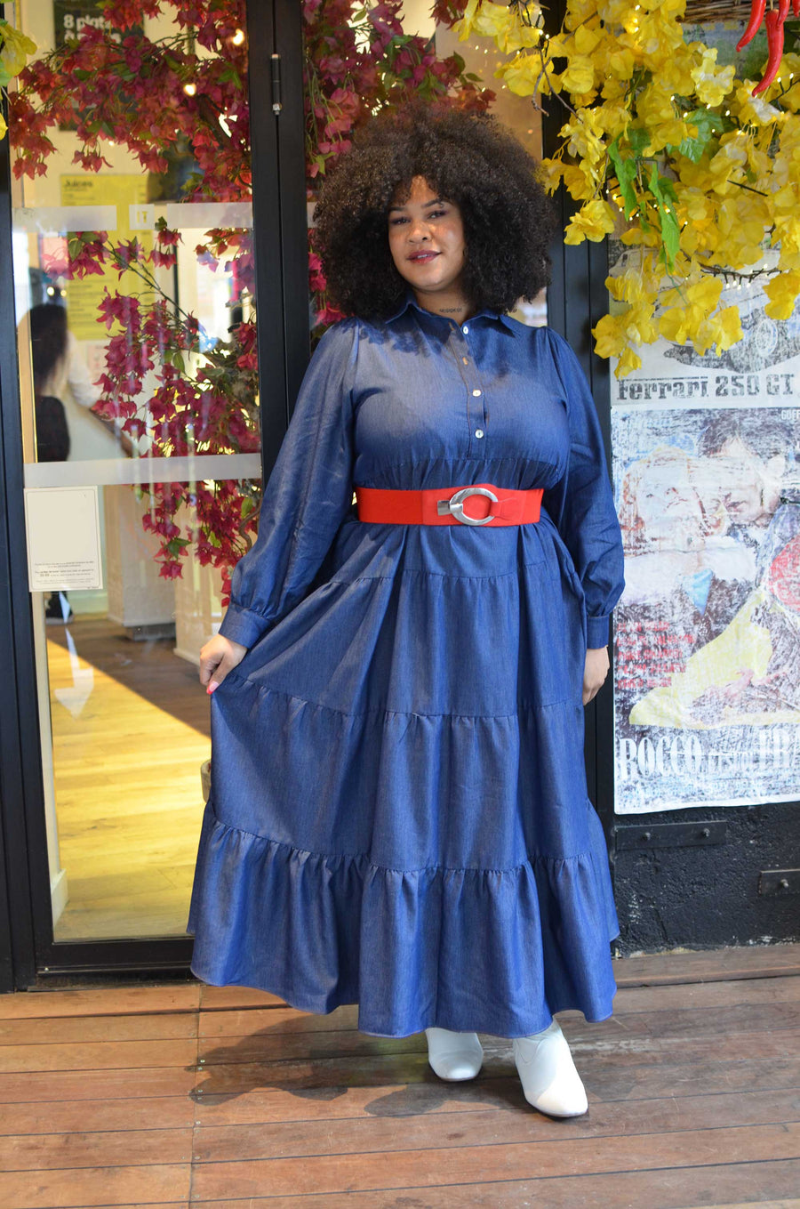 Robe chemise grande taille longue en jean bleu uni ALIC13