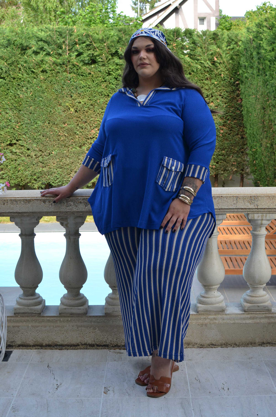 Pantalon grande taille en maille crochet rayé MIR02C