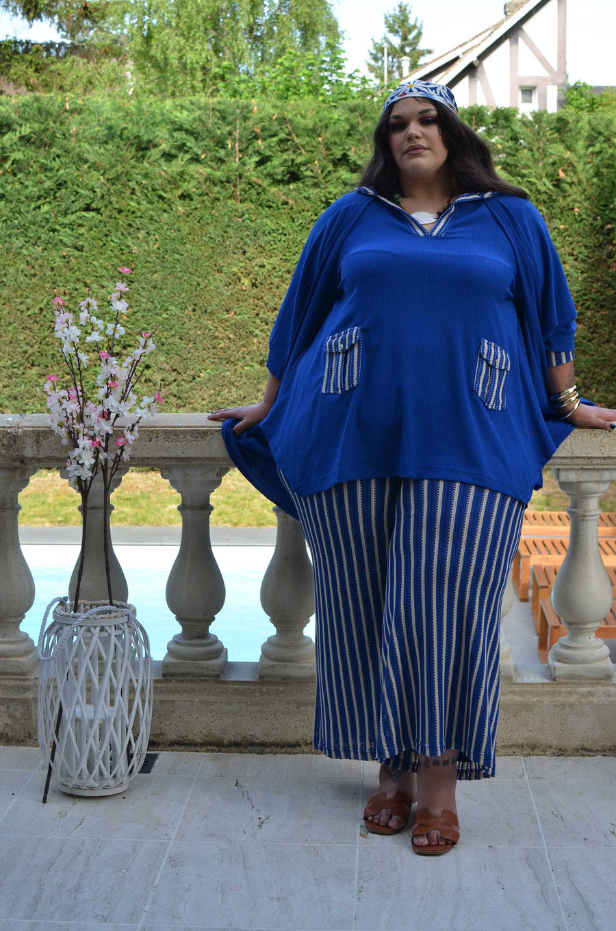 Pantalon grande taille en maille crochet rayé MIR02C