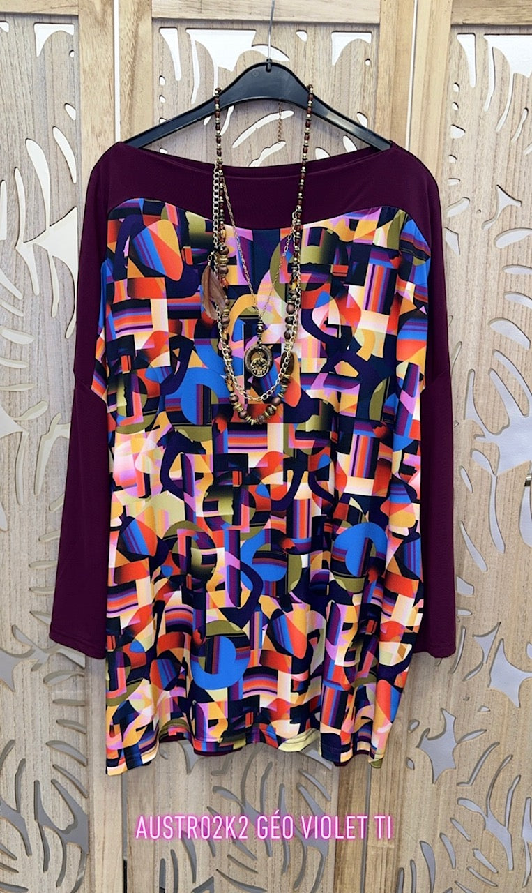 Top grande taille en maille imprimée Géo violet AUSTRA02K2 -40%!