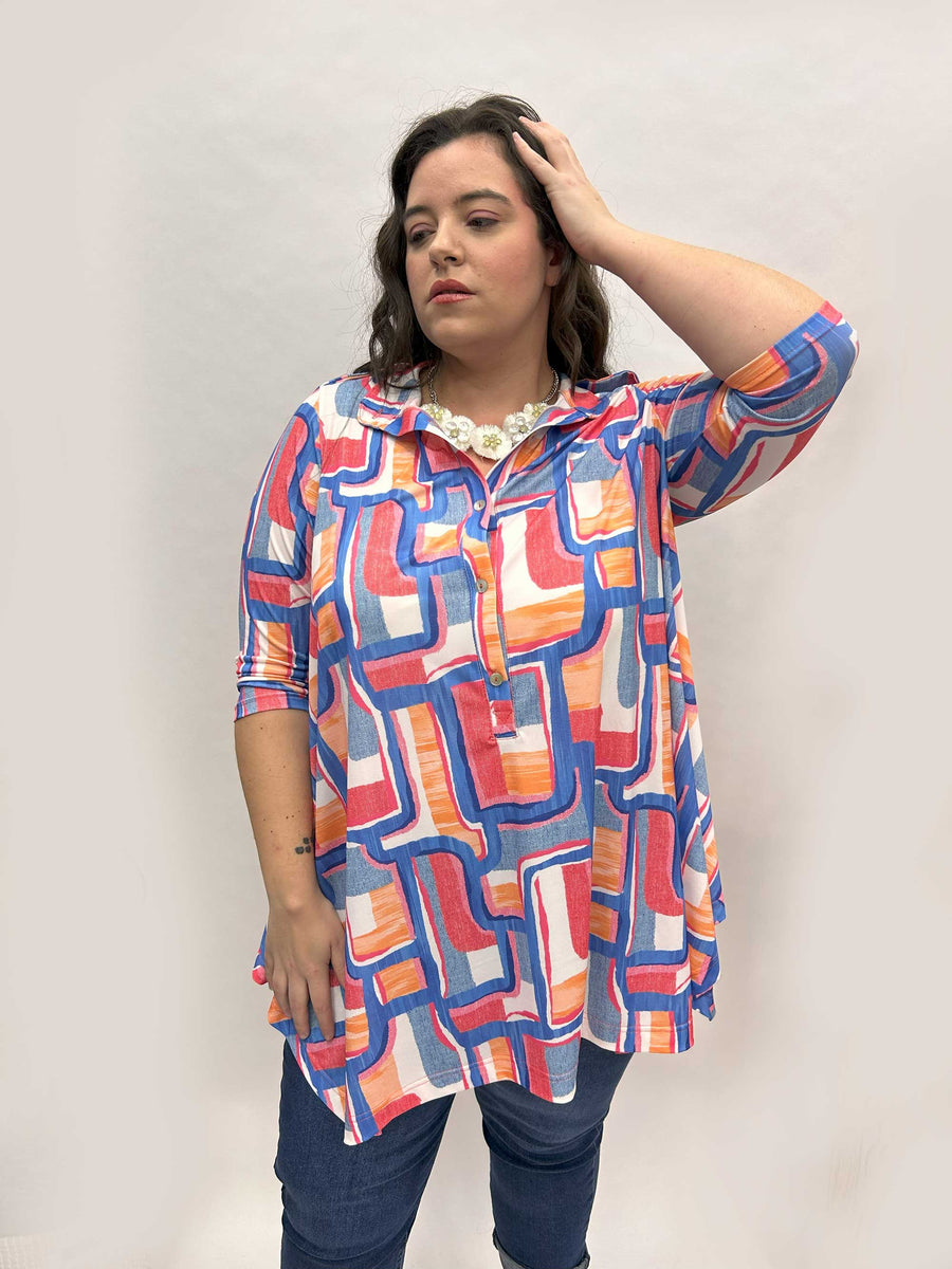 Chemise tunique grande taille maille fluide imprimée géométrique KATOF02k2