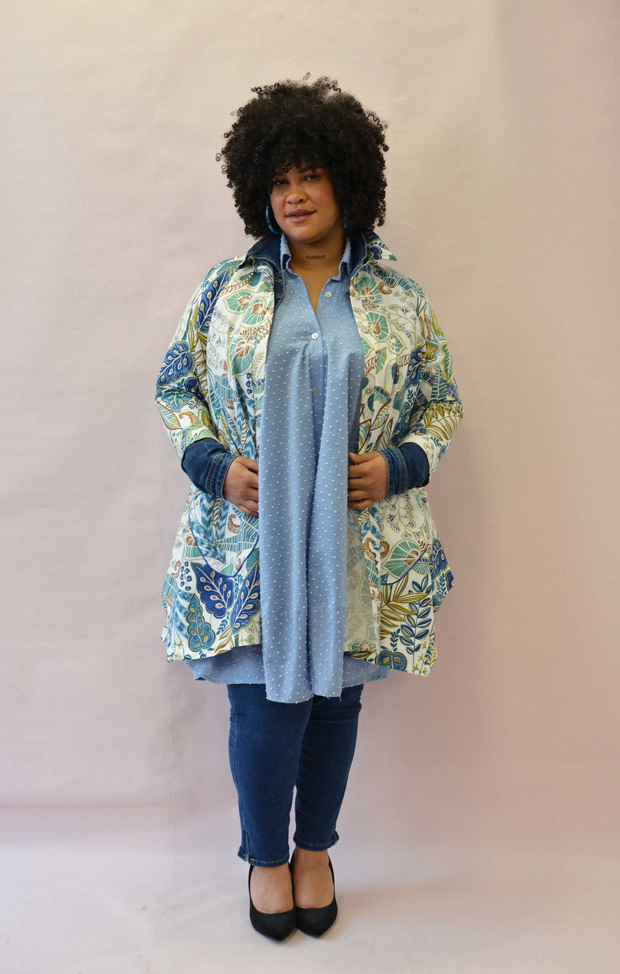 Veste grande taille en coton imprimé Feuillage Multico Bleu KATCH08